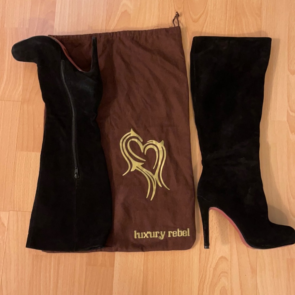 Luxury rebel knee high black suede heel boots sz 37.5